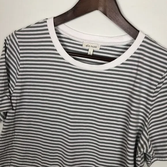 Ella Moss Gray White Striped Short Sleeve T-Shirt Women's Size Large - Picture 3 of 4